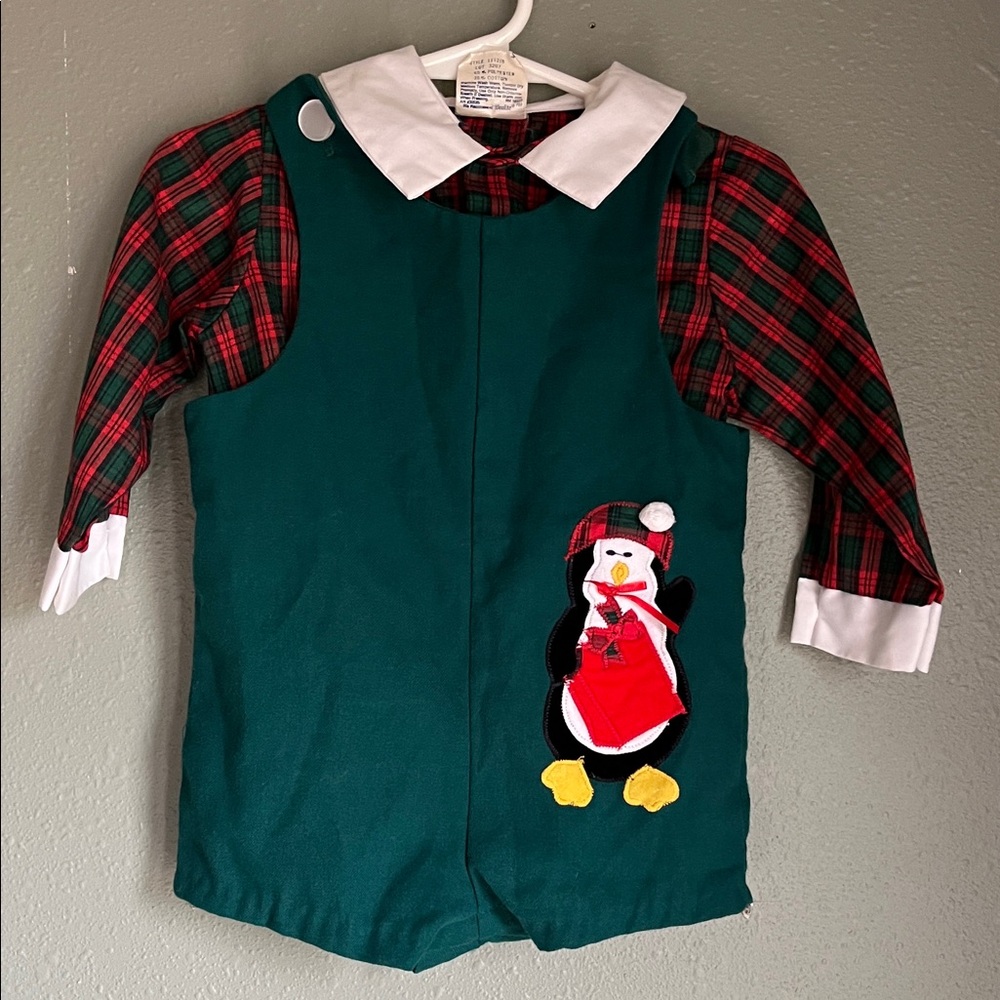 Vintage Baby Festive Green Plaid Christmas Penguin Romper